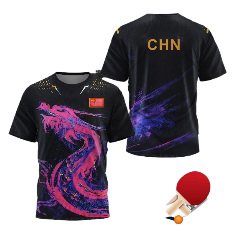 Table Tennis Zhang Jike - CHN ไชน่าเนชั่นแนล ดราก้อนเสื้อยืดปิงปอง, เสื้อยืดผู้ชายผู้หญิงแห้งเร็วระบายอากาศได้ดีเสื้อยืดสำหรับฝึกซ้อมกีฬาปิงปองของจีน